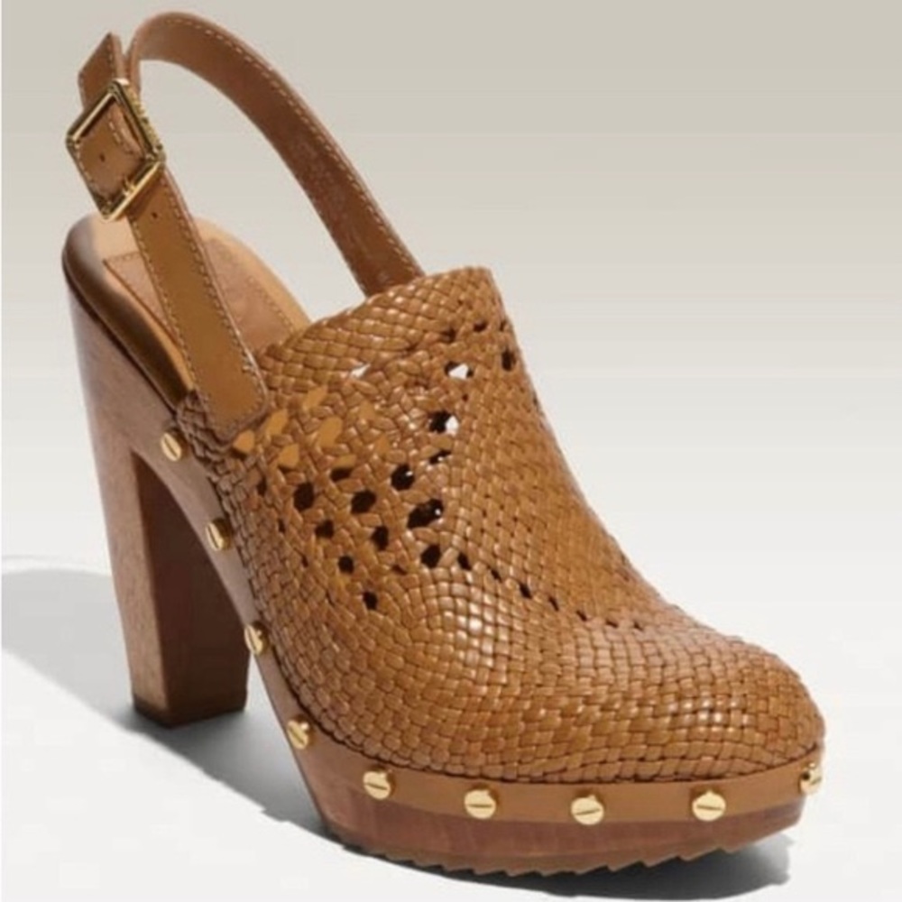 Tory Burch Widdianne Woven Leather Clogs Wood Studded Heels US5